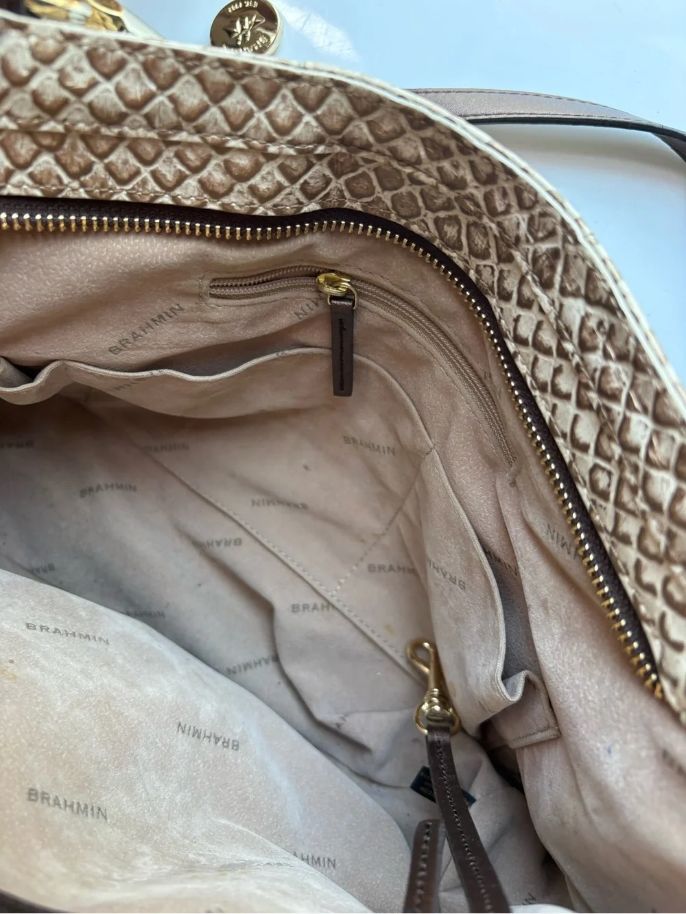 Brahmin Beige Brown Embossed Animal Print Shoulder Bag Zip Gold Dust Bag